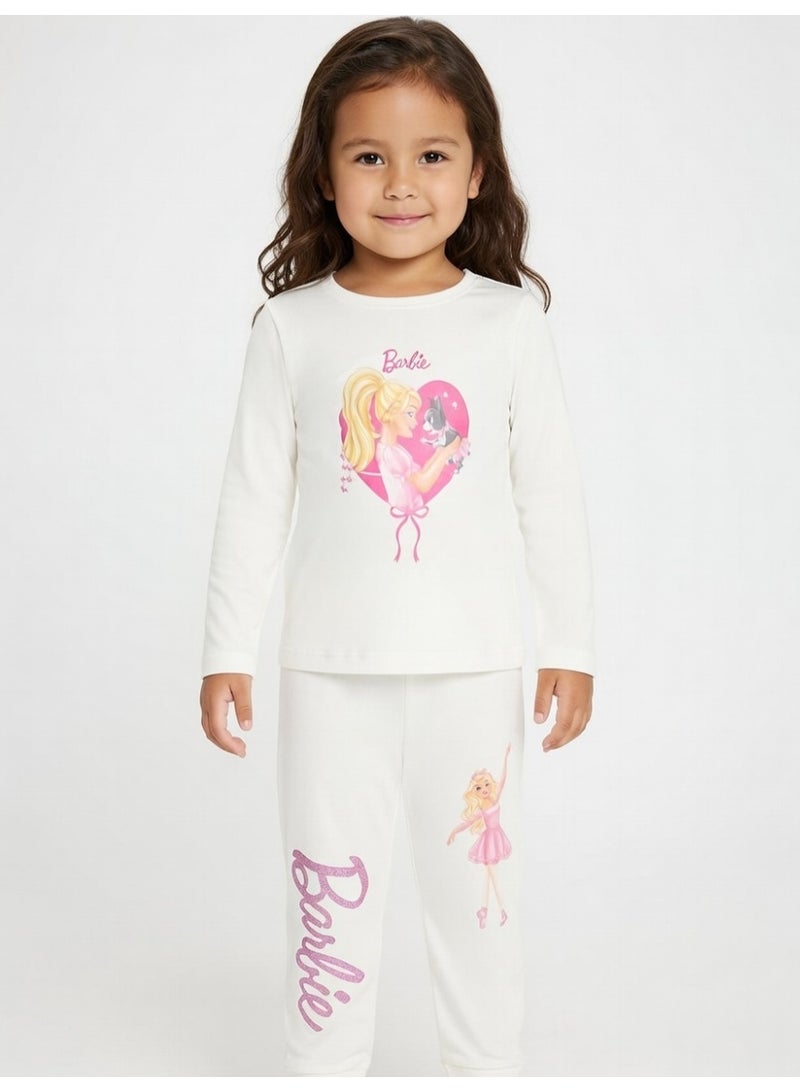 باربي | طقم تيشيرت بأكمام طويلة وبنطال للبنات | كريمي - Image 1